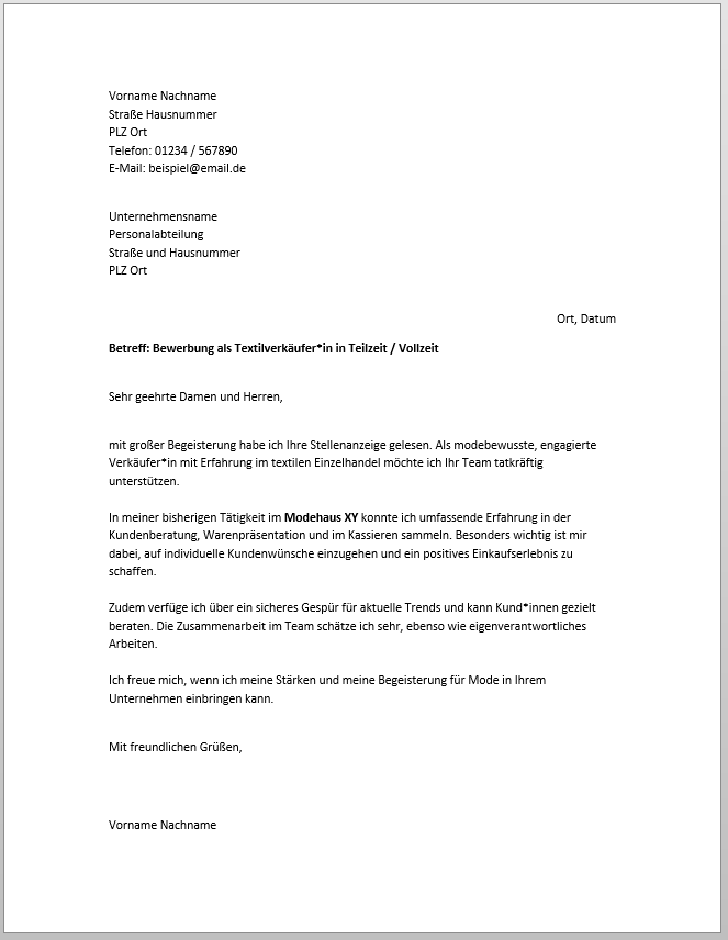 Muster-Bewerbung als Verkäufer*in